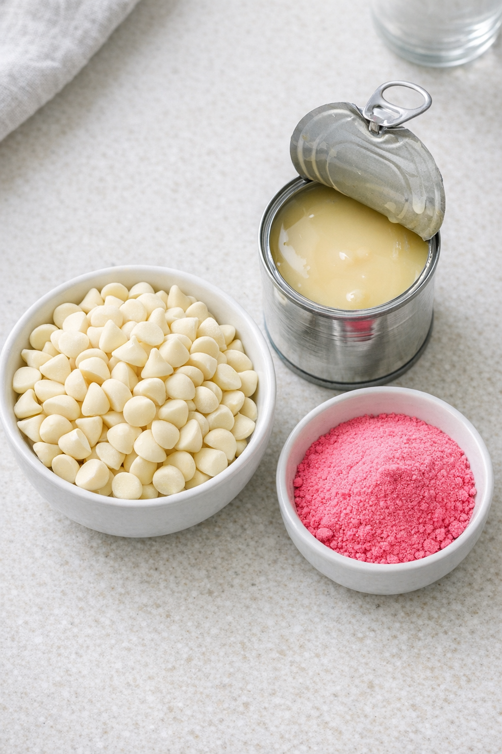 Measured white chocolate chips, condensed milk, and pink drink mix