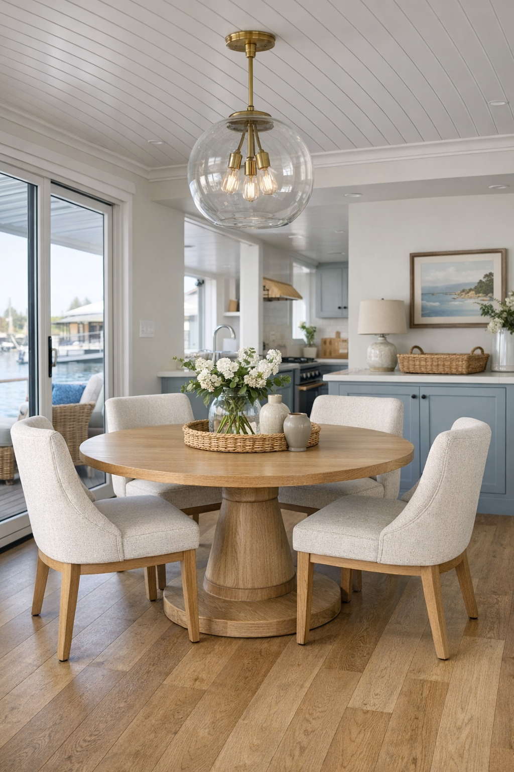 Round oak dining table in a bright coastal dining space with soft blue-gray built-ins