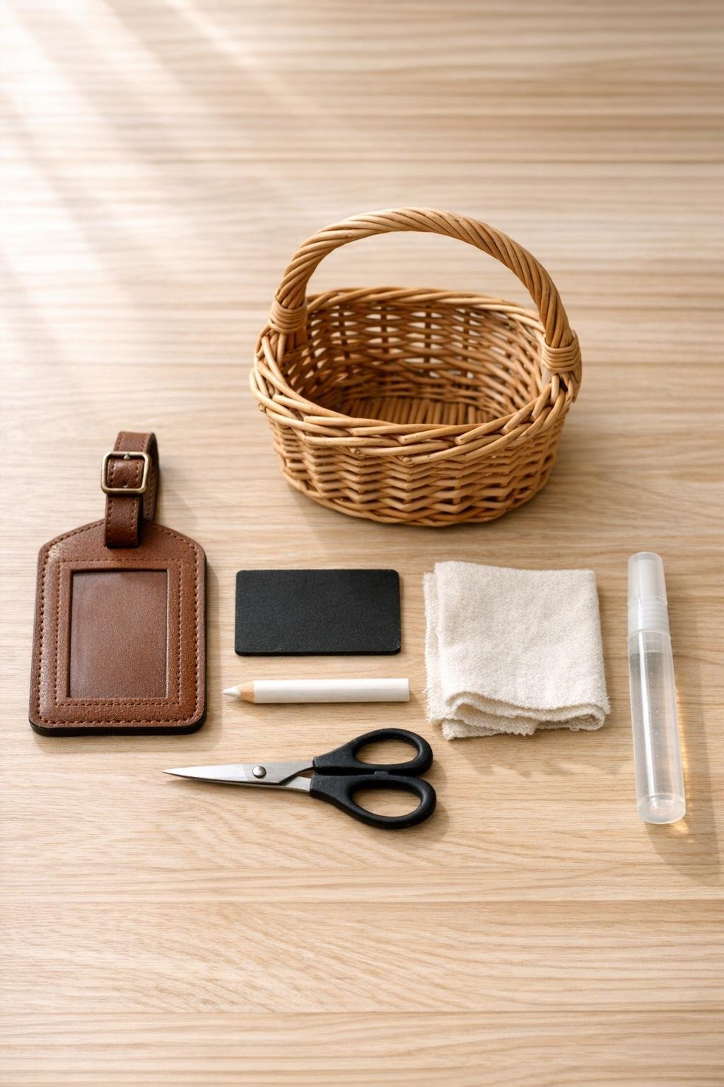 Materials for making a leather luggage tag blanket basket label laid out neatly