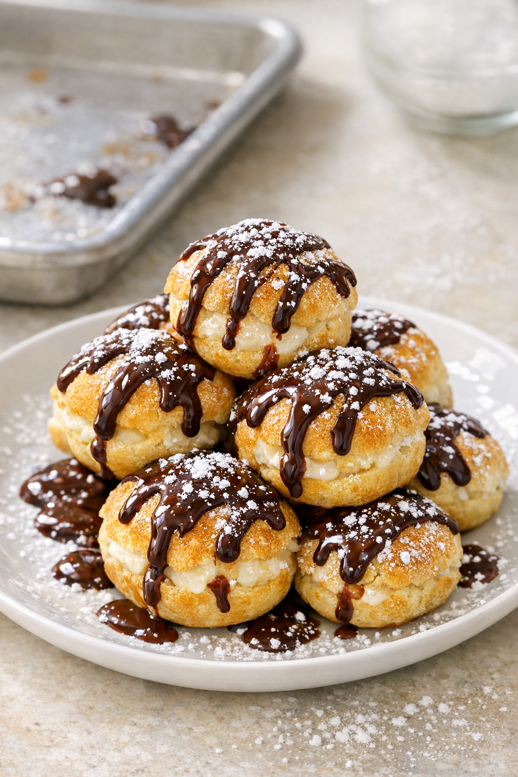 Warm baked mini cream puffs with chocolate and powdered sugar