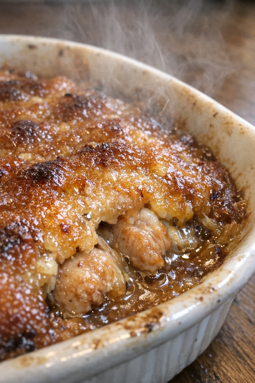 Golden caramelized baked casserole in a ceramic dish