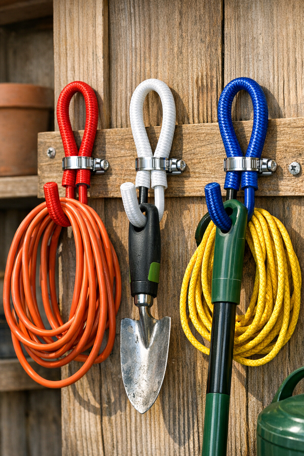 Finished red white and blue bungee yard hooks in use