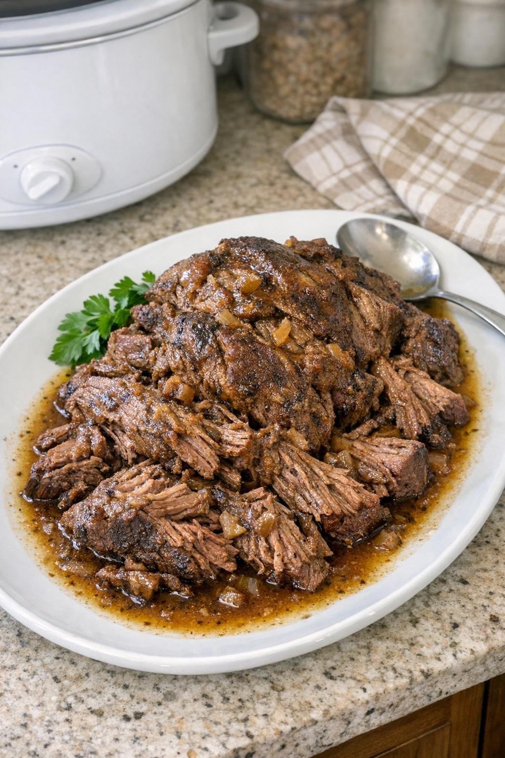 Finished slow cooker beef arm roast on a platter