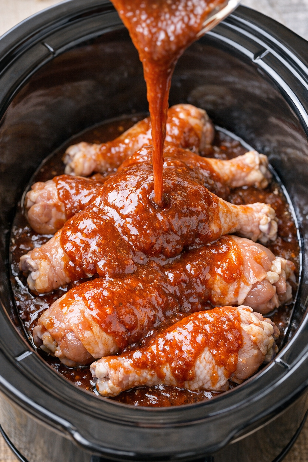Sauce poured over chicken in the slow cooker