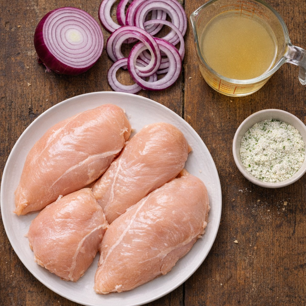 Chicken, red onion, broth, and ranch seasoning on a wooden table