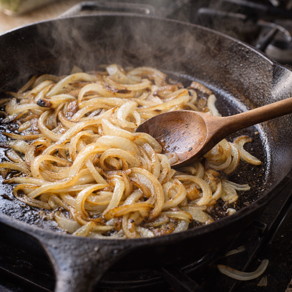 Caramelized onions cooking in a skillet