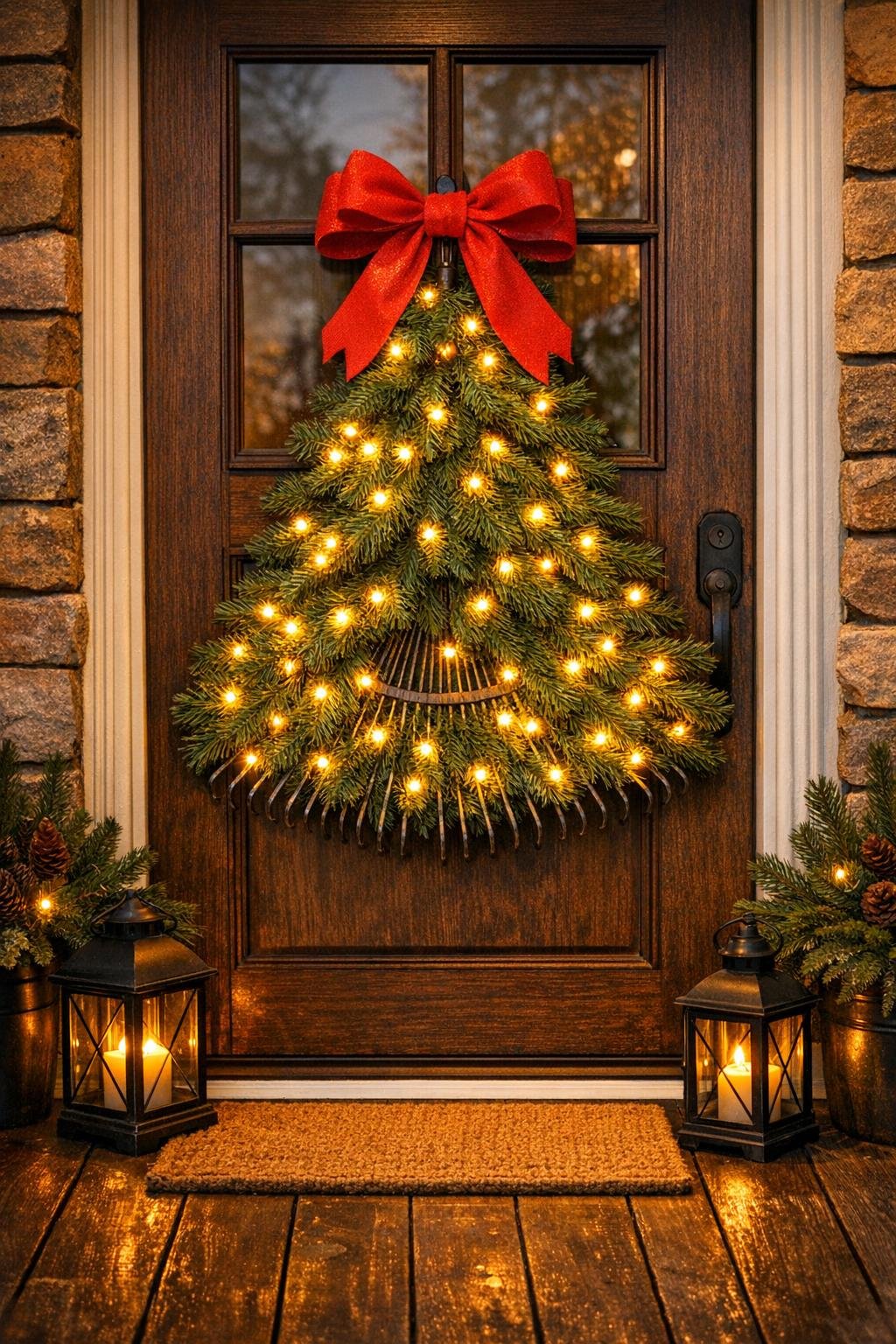 Finished front door tree made from an old metal leaf rake, decorated with pine garland, lights, and a red bow