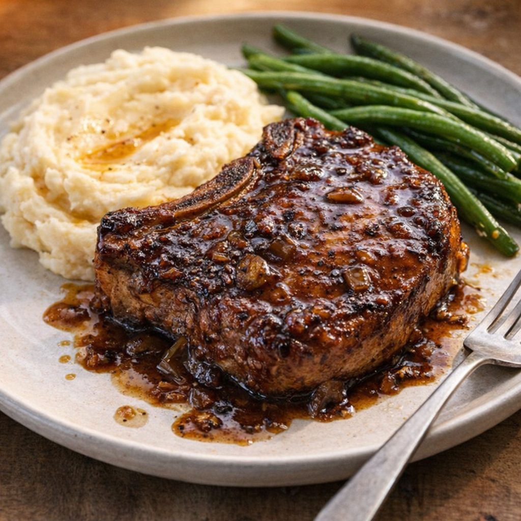 Plated stout glazed pork chop with mashed potatoes and green vegetables