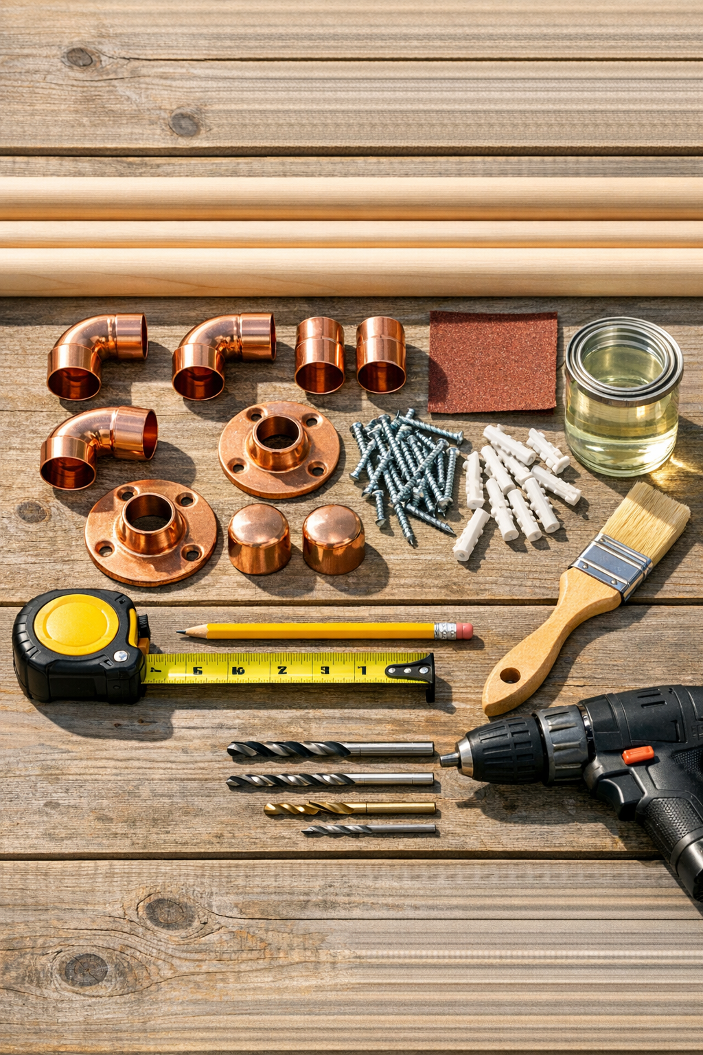 Materials laid out for an outdoor towel rack project