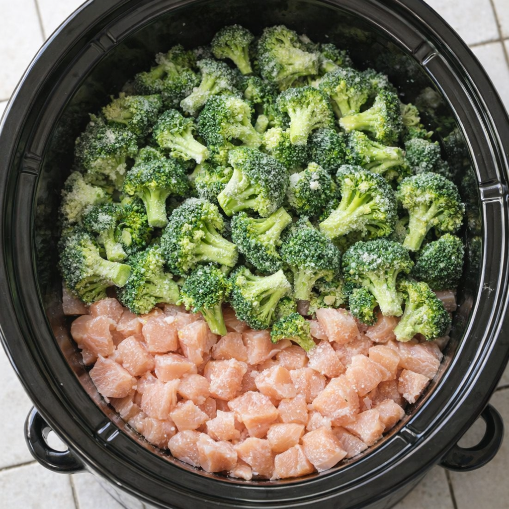 Broccoli layered over diced chicken in a slow cooker