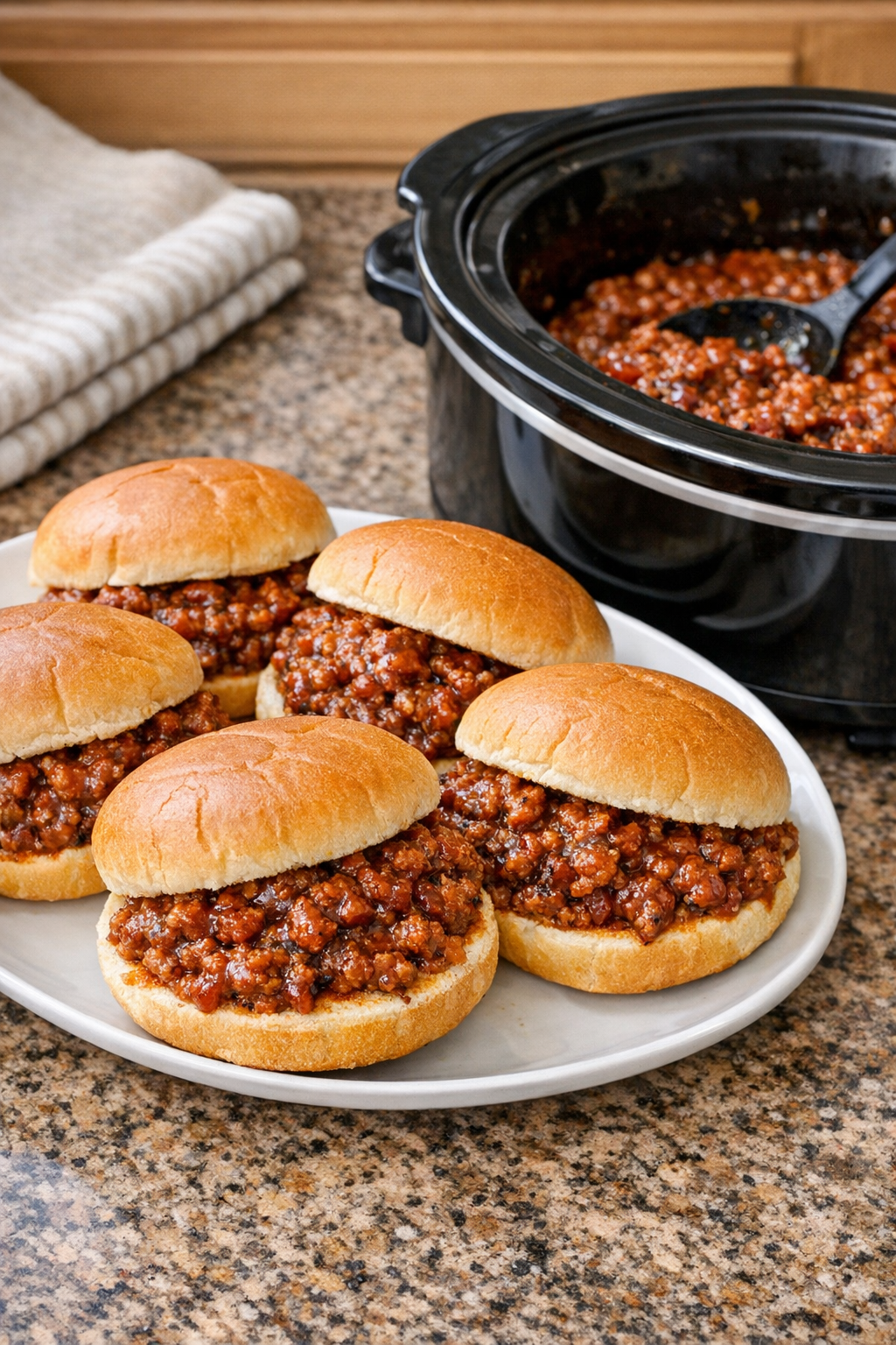 Finished sloppy joe sandwiches on a platter