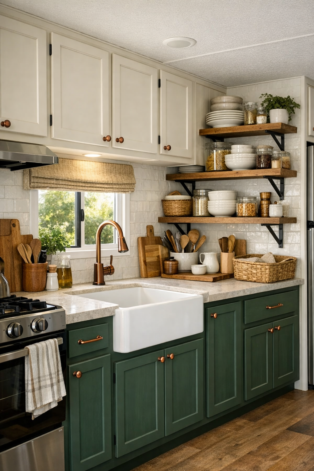 Small green and cream kitchen with copper hardware, light countertops, and cottage details