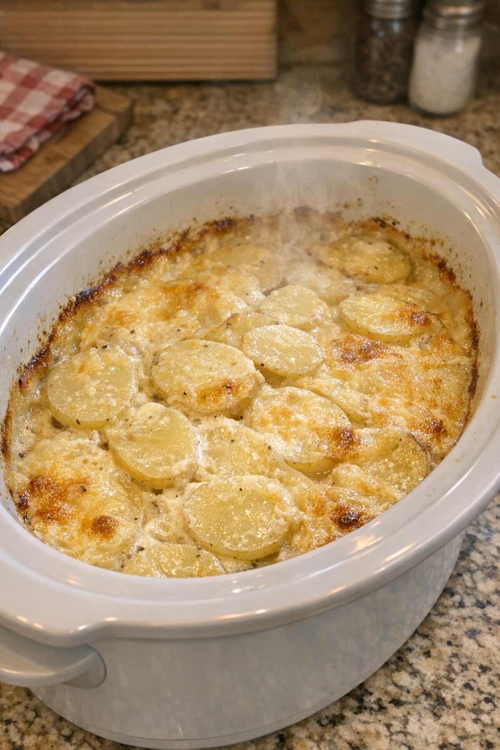 Finished creamy golden potato bake in a white oval slow cooker