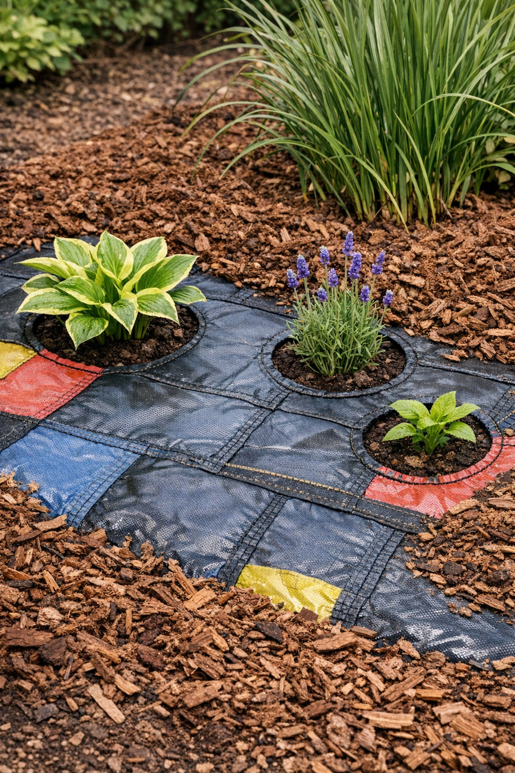 Finished DIY landscaping fabric made from nylon backpacks installed under mulch in a garden bed