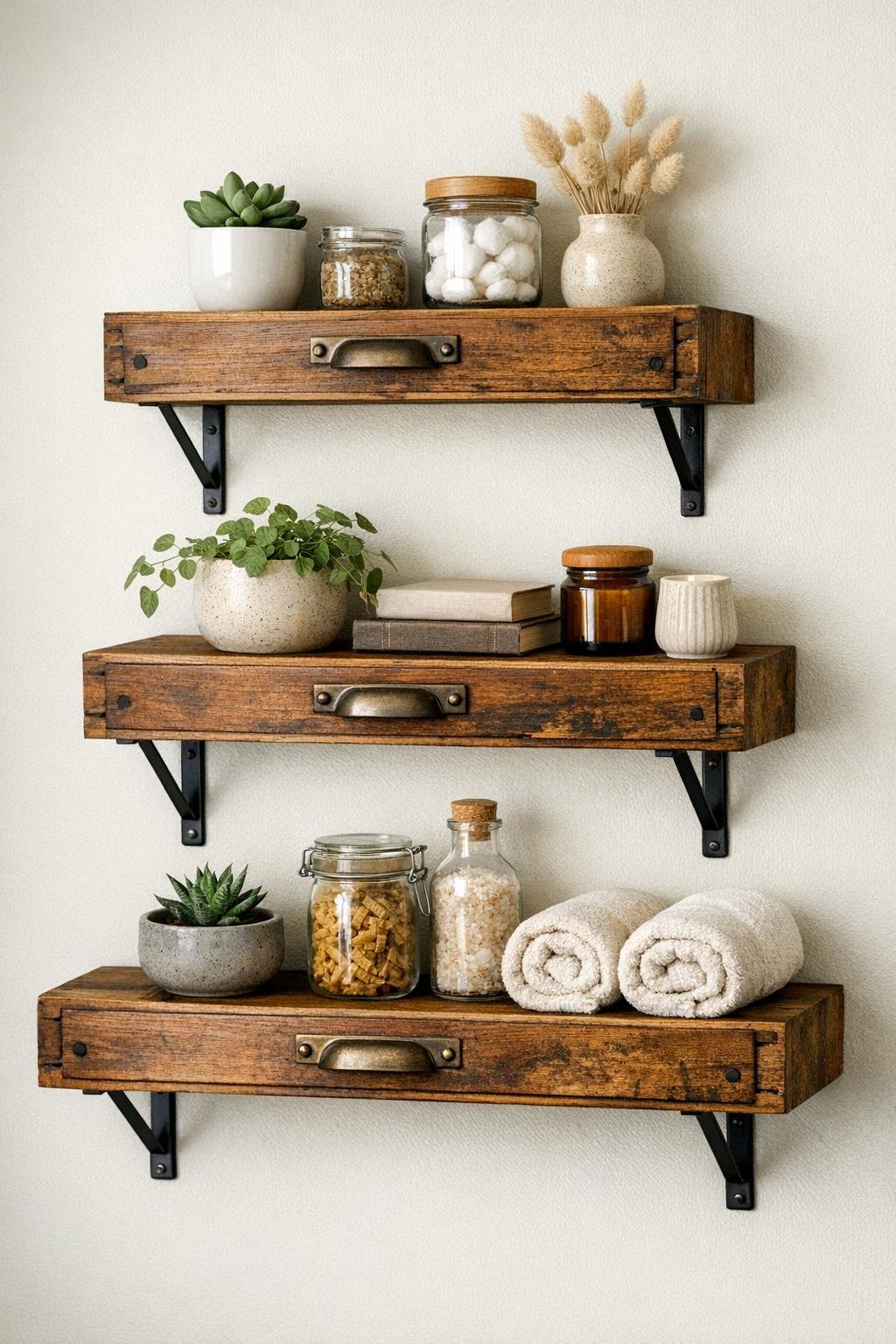 Finished rustic wall shelves made from old drawer fronts