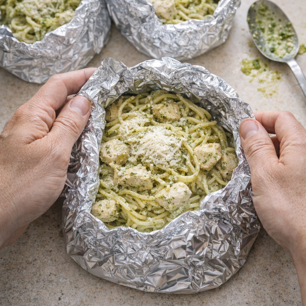 Hands folding a foil packet filled with pesto chicken pasta