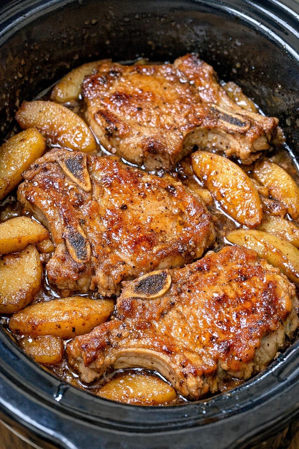 Finished bourbon apple pork chops in the slow cooker