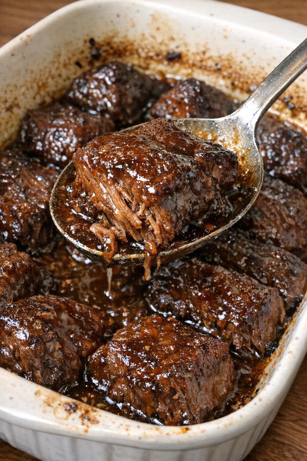 Tender glazed beef in a ceramic baking dish