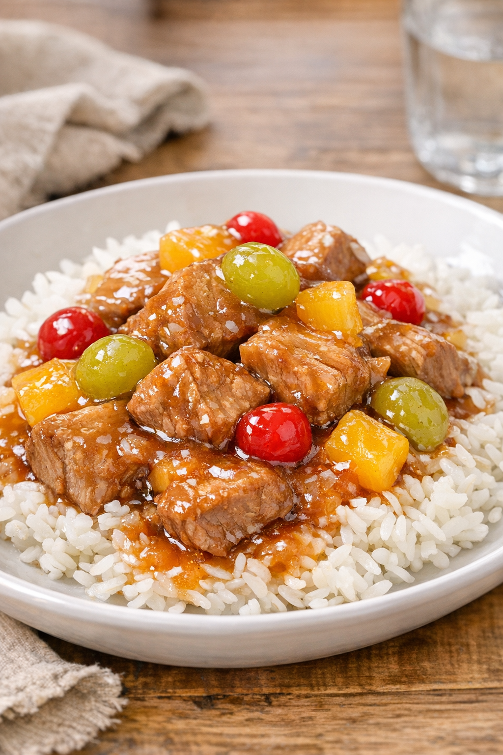 Finished fruit cocktail pork plated with rice