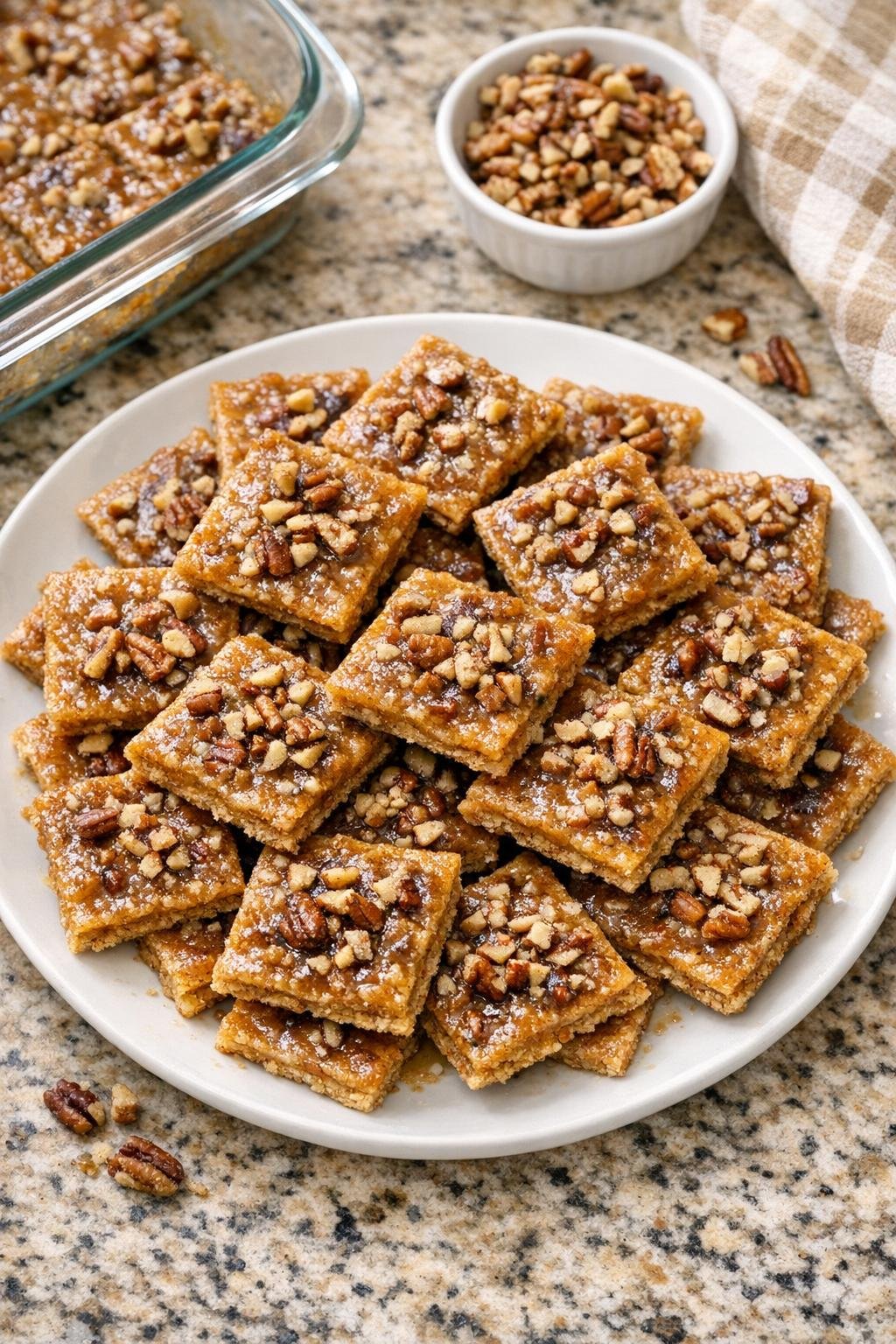 Finished graham cracker pralines on a serving plate