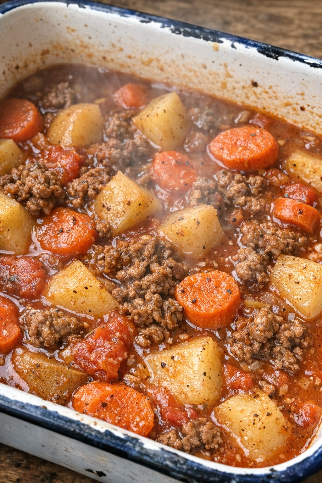 4-ingredient hobo stew in an enamel roasting pan
