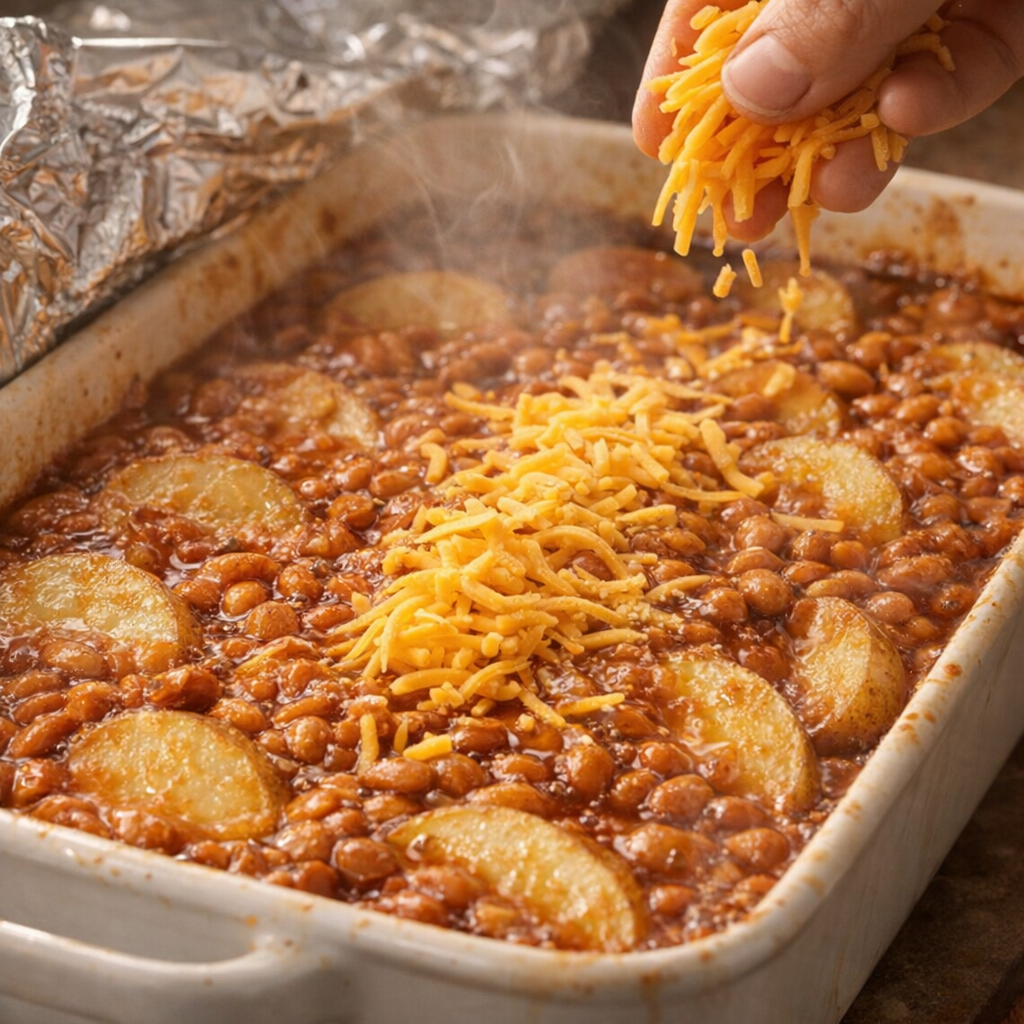 Shredded cheddar scattered over hot baked beans and potatoes before final baking