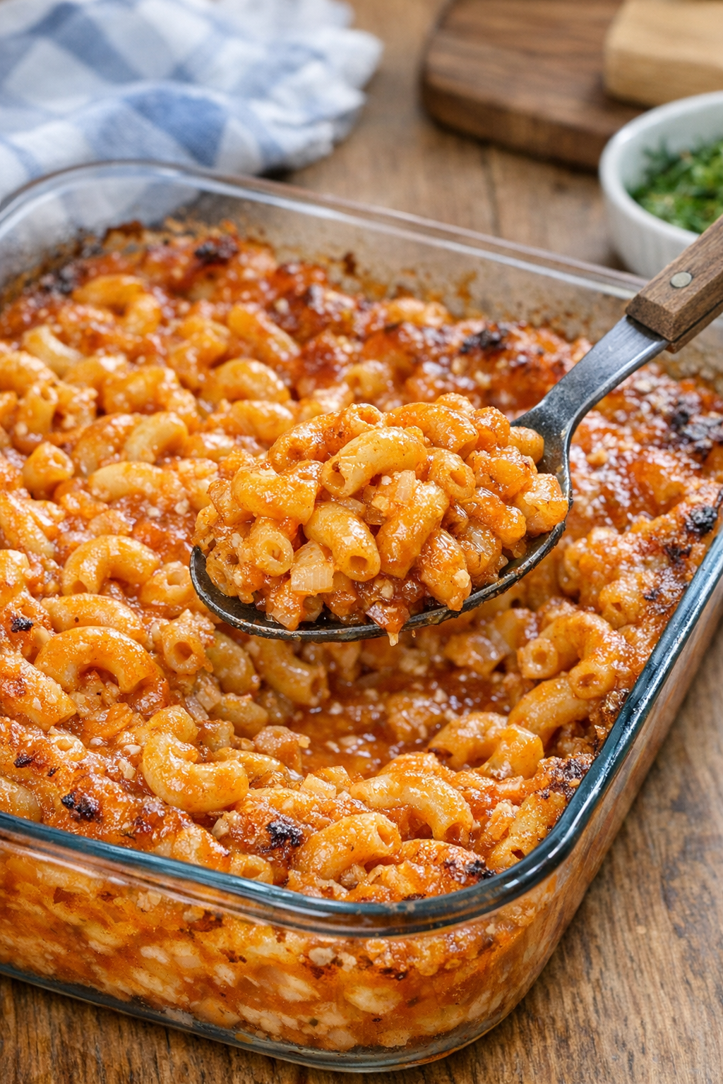 Finished baked French dressing macaroni served in a casserole dish