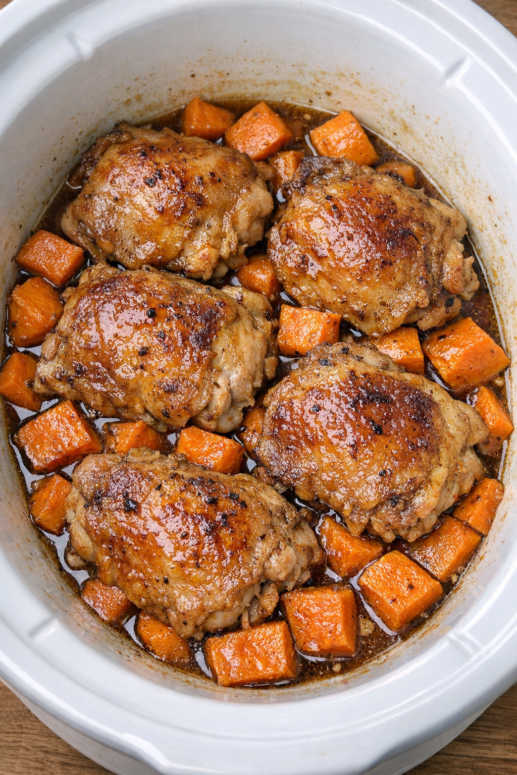 Slow cooker Amish chicken and sweet potatoes in a white slow cooker