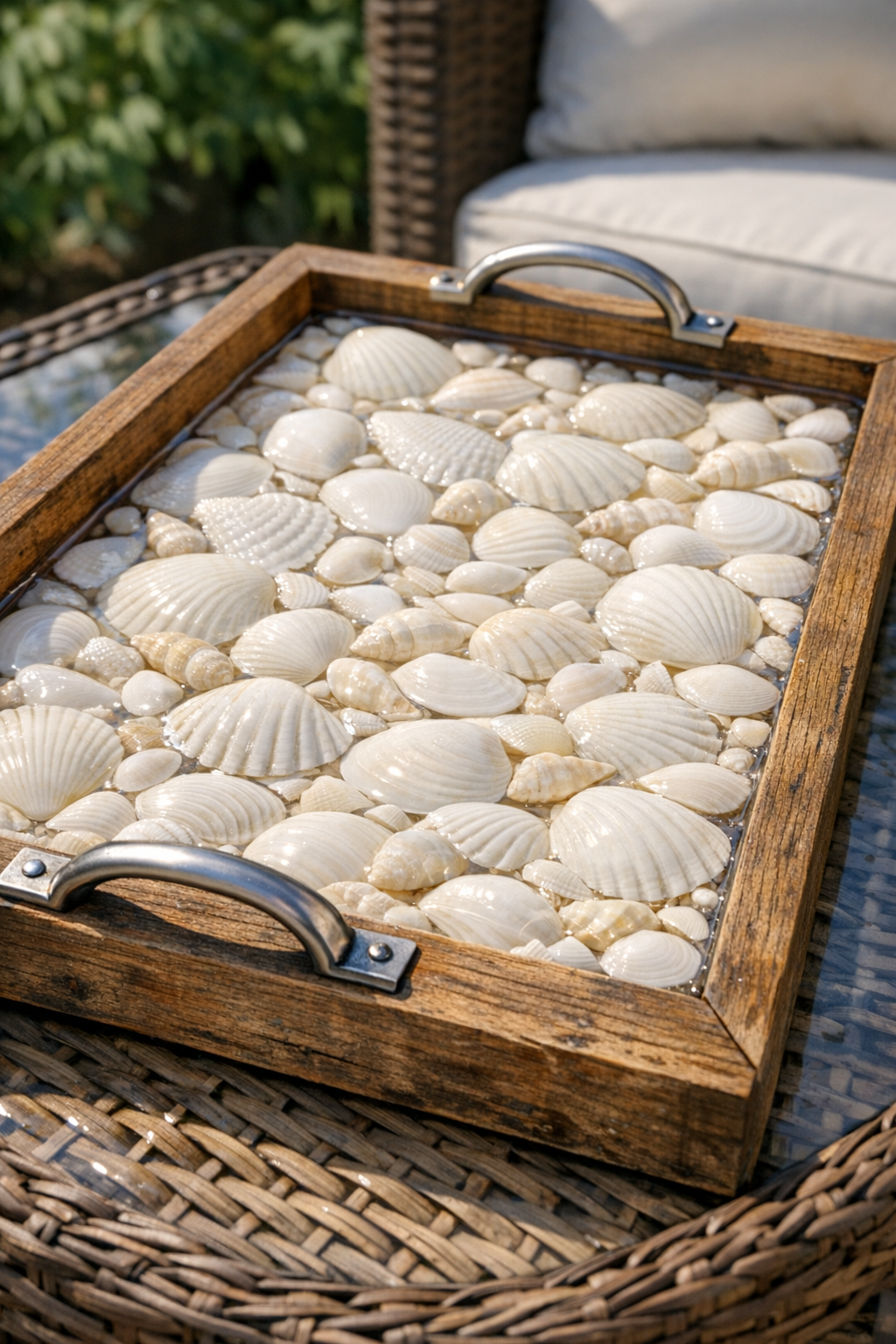 Finished outdoor serving tray with white seashells sealed under clear epoxy resin in a rustic wooden frame