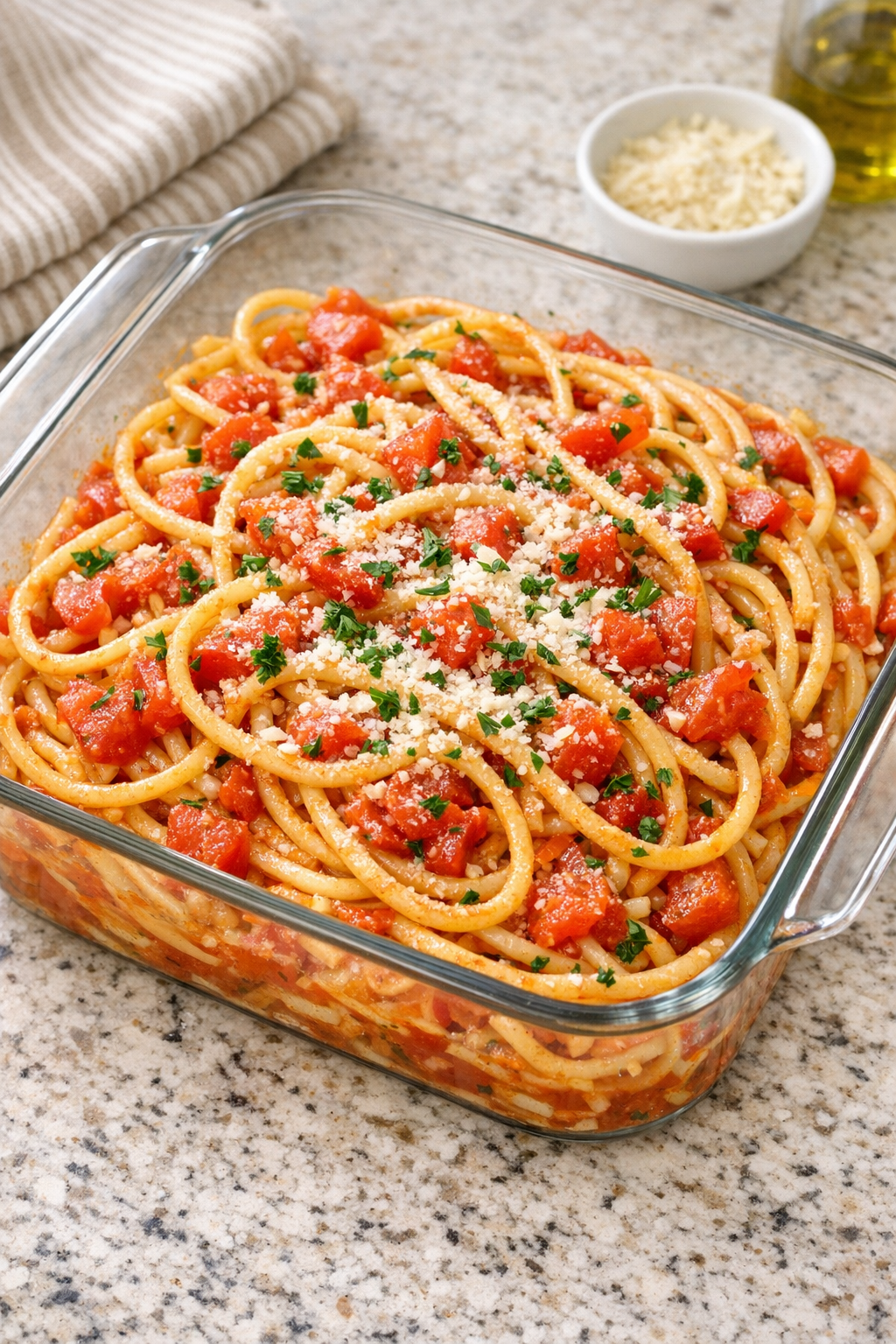 Finished baked bucatini with roma tomatoes in a glass casserole dish