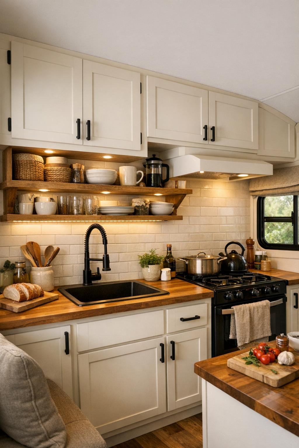Compact RV camper kitchen with cream cabinets, butcher-block counters, and tiled backsplash