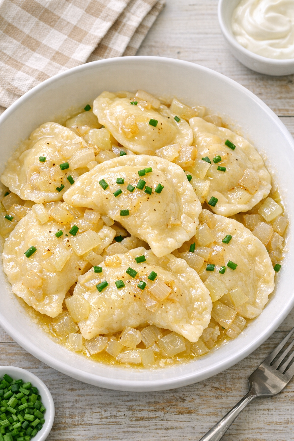 Finished slow cooker summer pierogi plated in a bowl