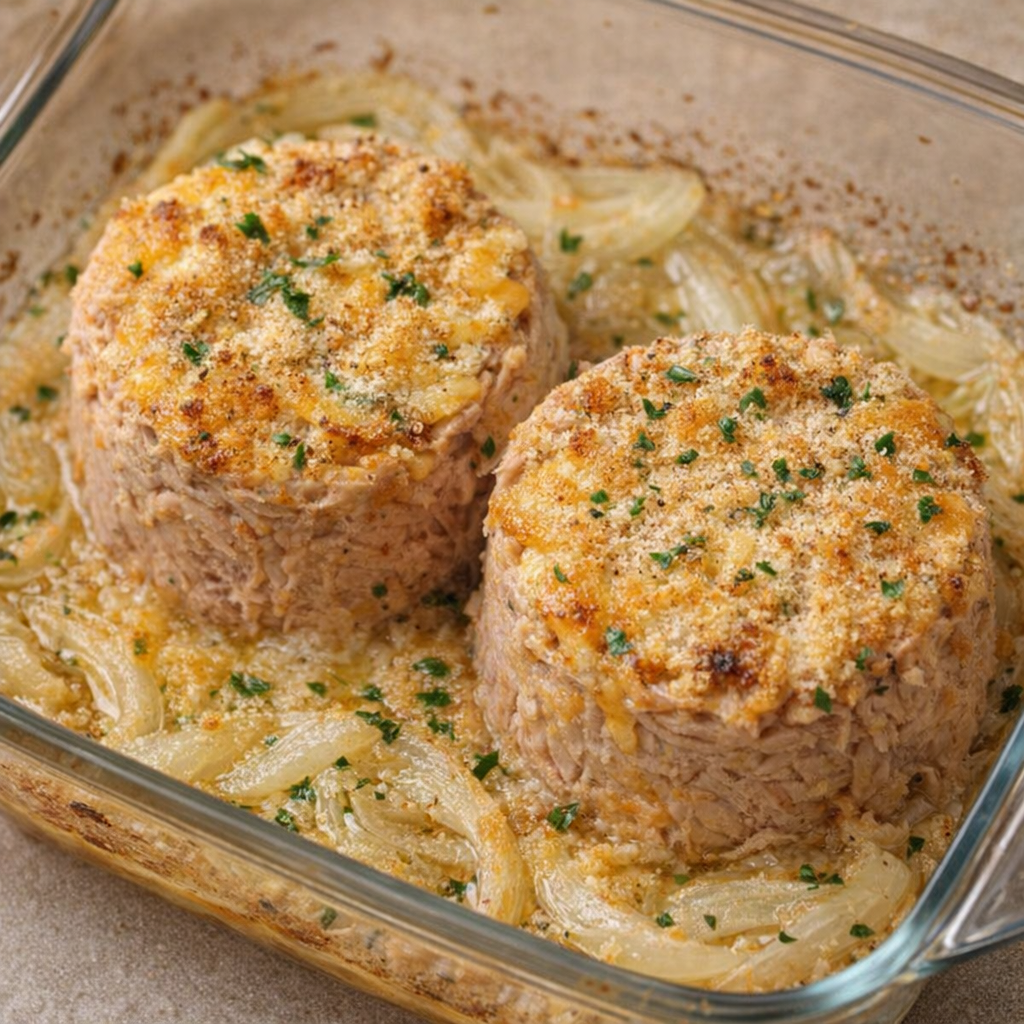 Cheesy variation of baked tuna with breadcrumbs and herbs