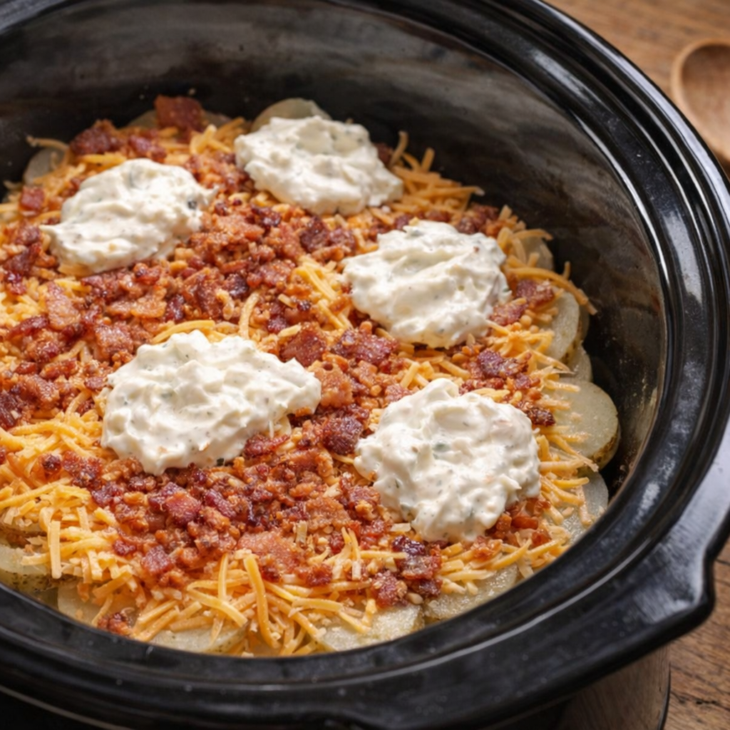 First layer of potatoes cheese and bacon in a slow cooker