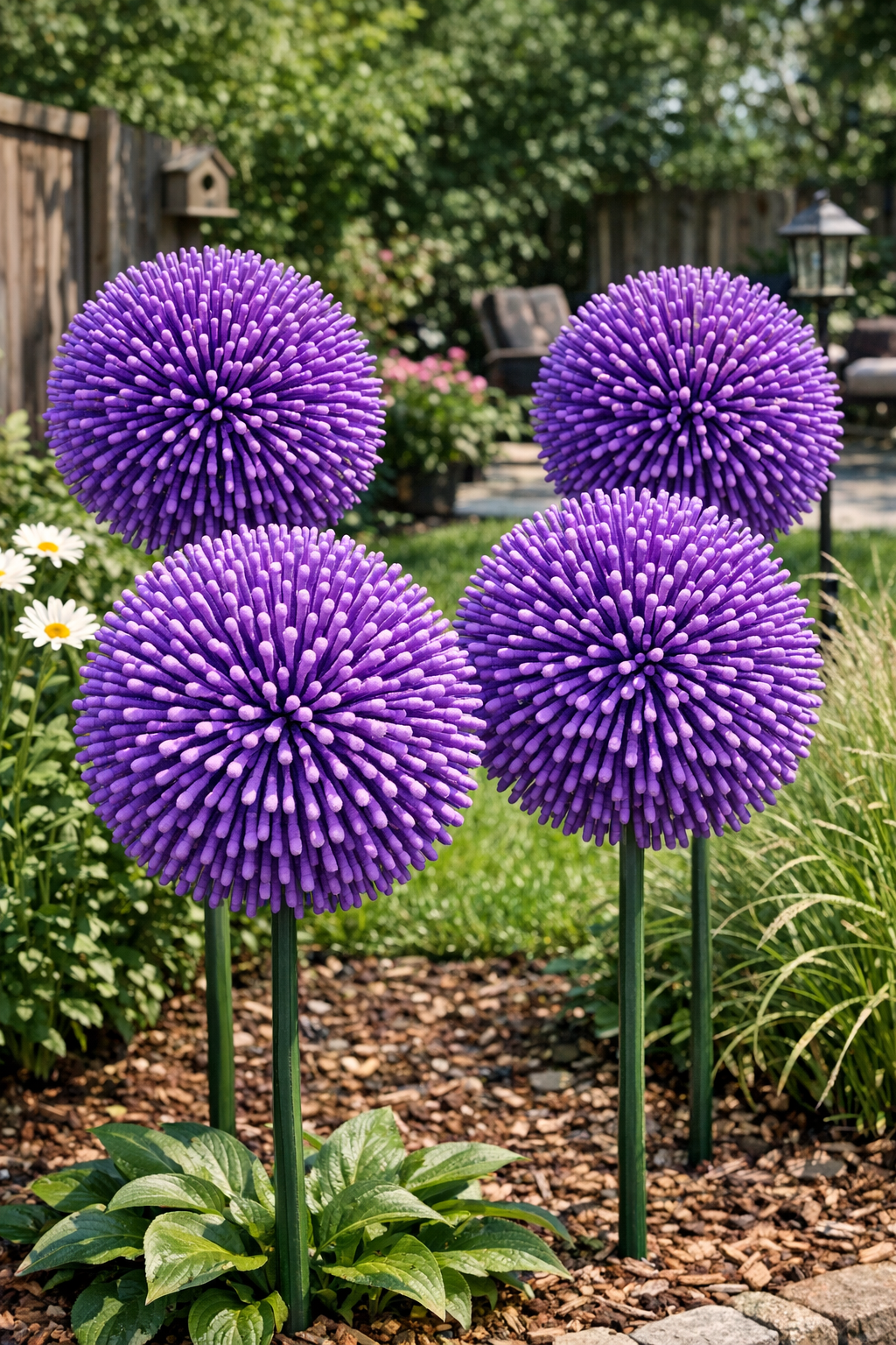 Finished giant purple allium flowers displayed in a backyard garden