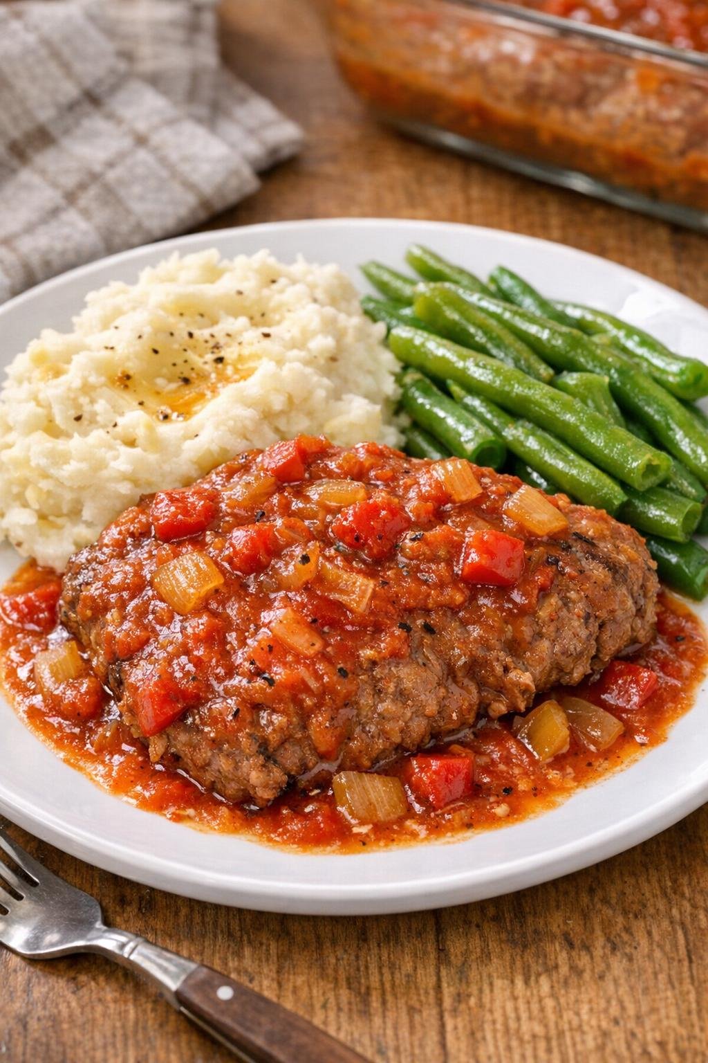 Finished Swiss steak bake plated with sauce
