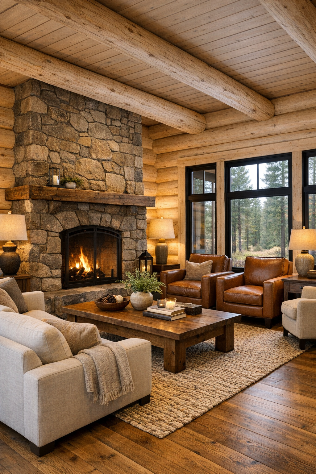 Warm log home living room with stone fireplace and soft neutral seating