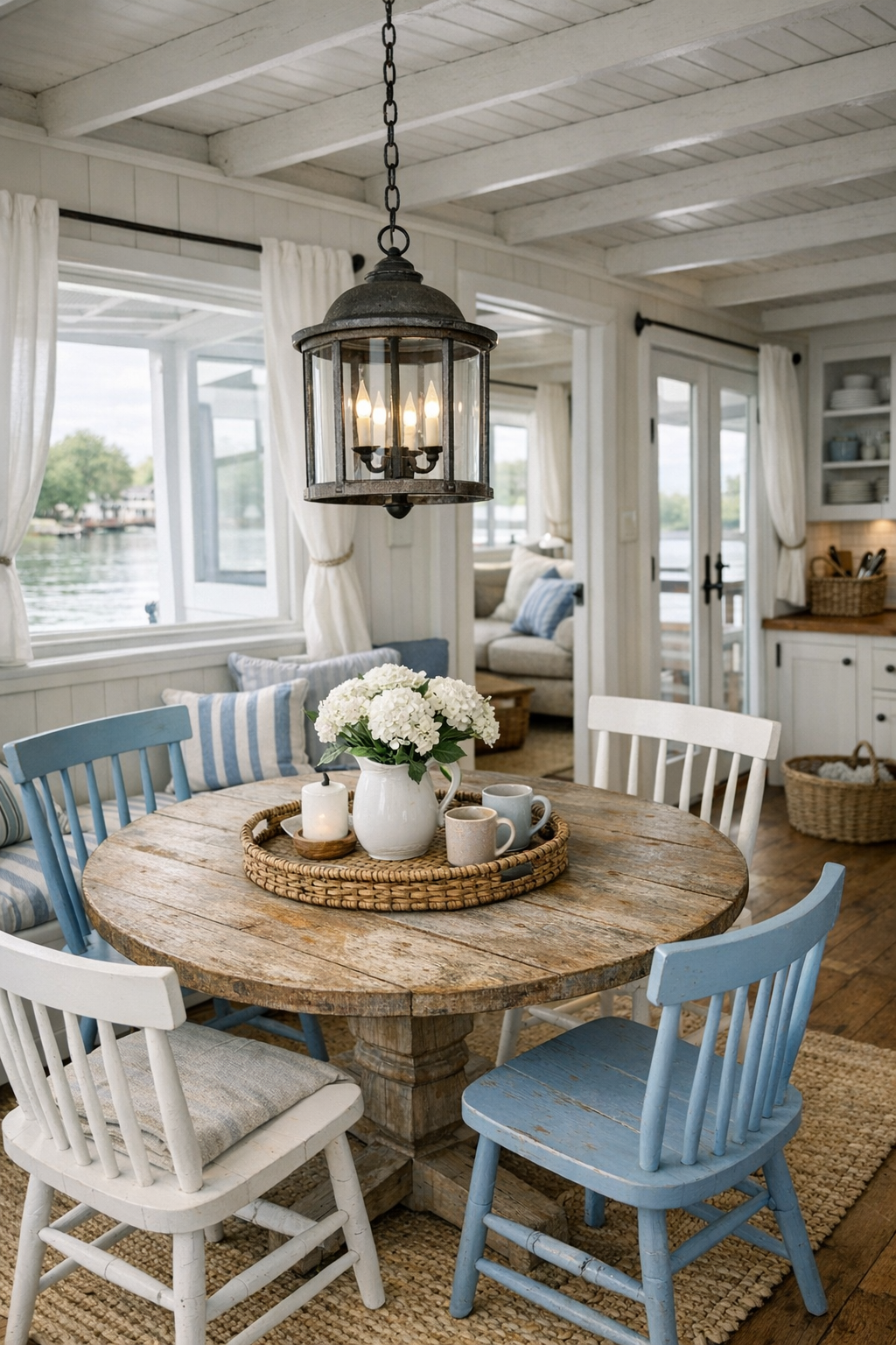 Charming cottage-style dining room with a round table and soft coastal colors