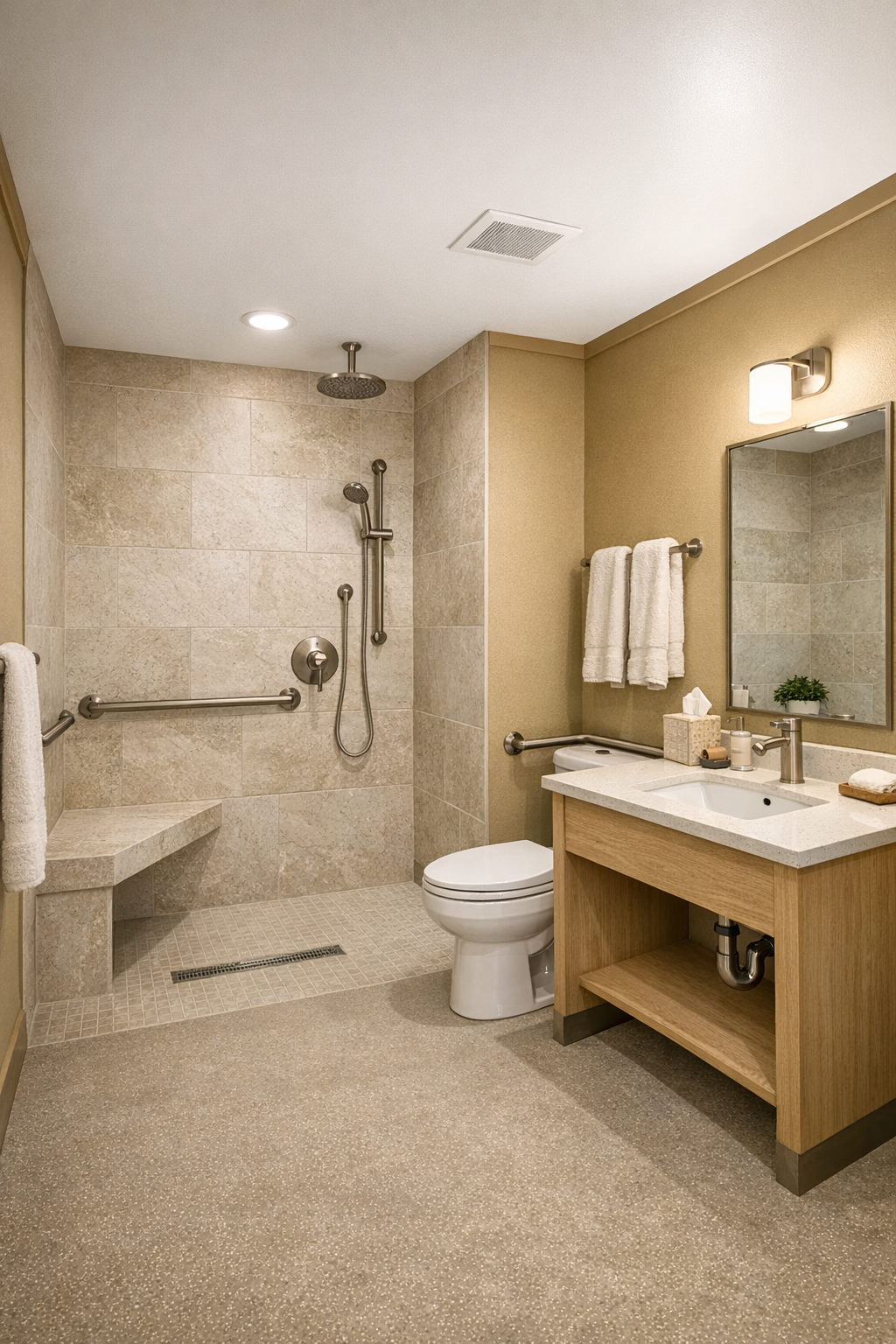 Accessible bathroom with curbless shower, pale stone tile, built-in bench, and warm neutral finishes