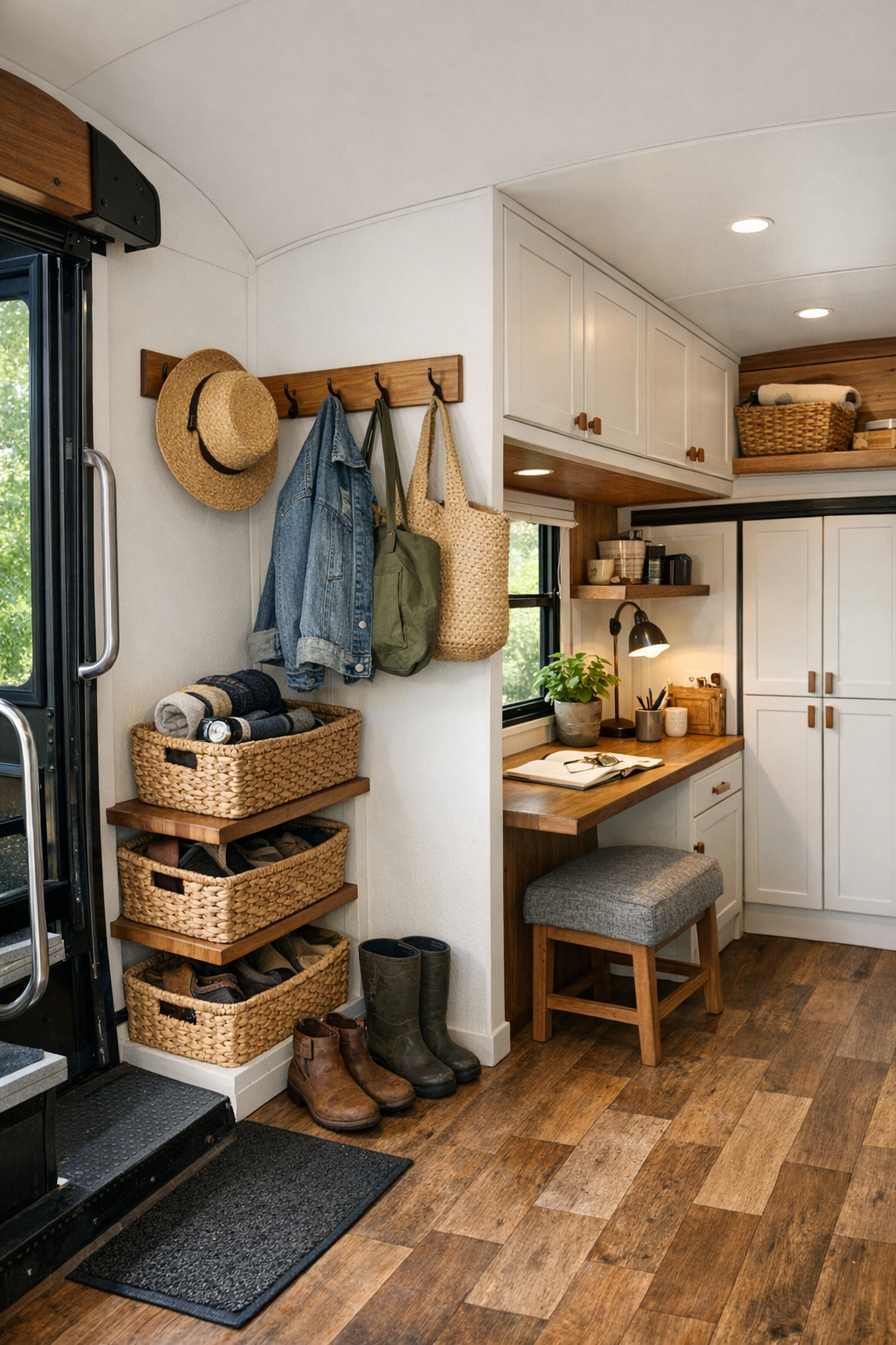 Functional bus entry and flex area with storage, hooks, and a small work nook