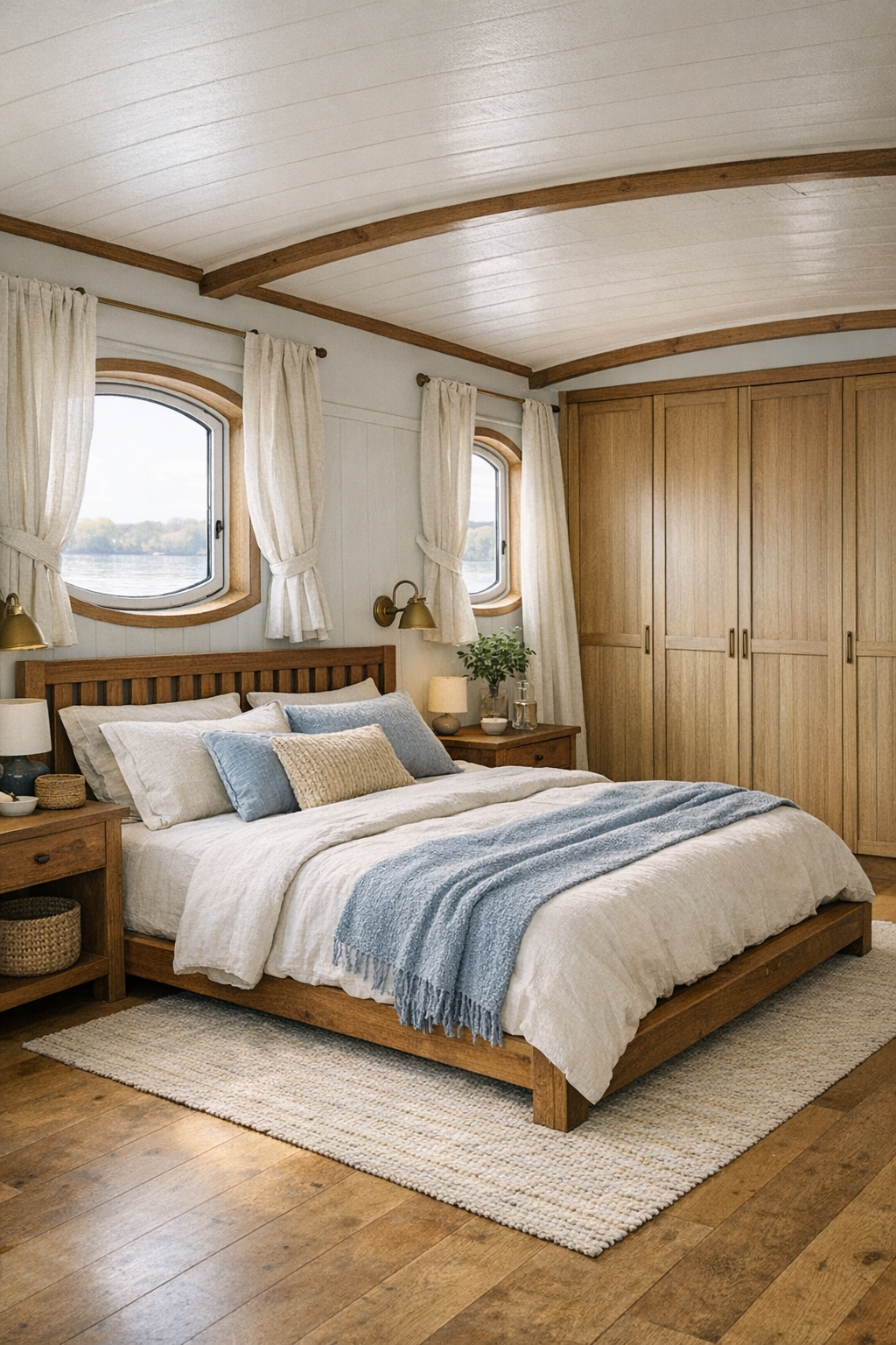 Calm craftsman bedroom with soft linens and built-in storage