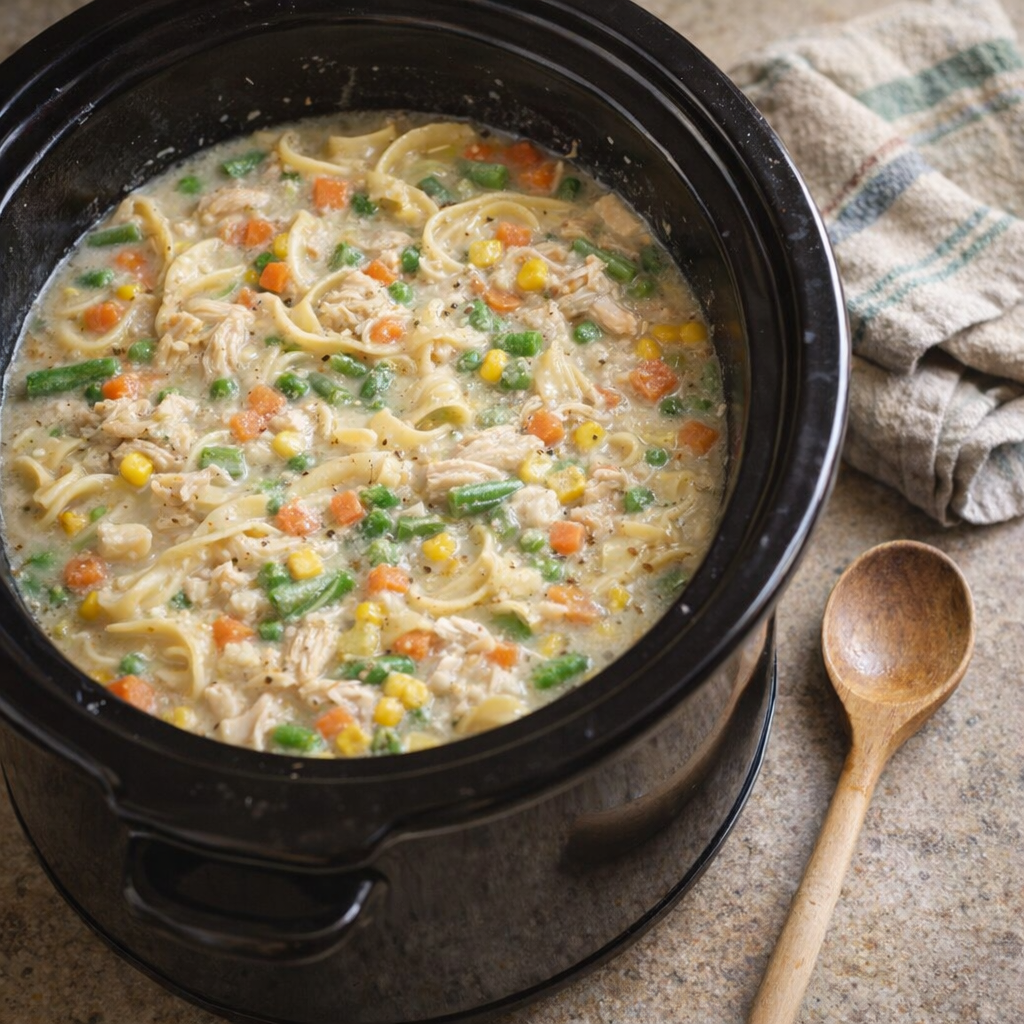 Slow cooker chicken pot pie noodles in a farmhouse kitchen