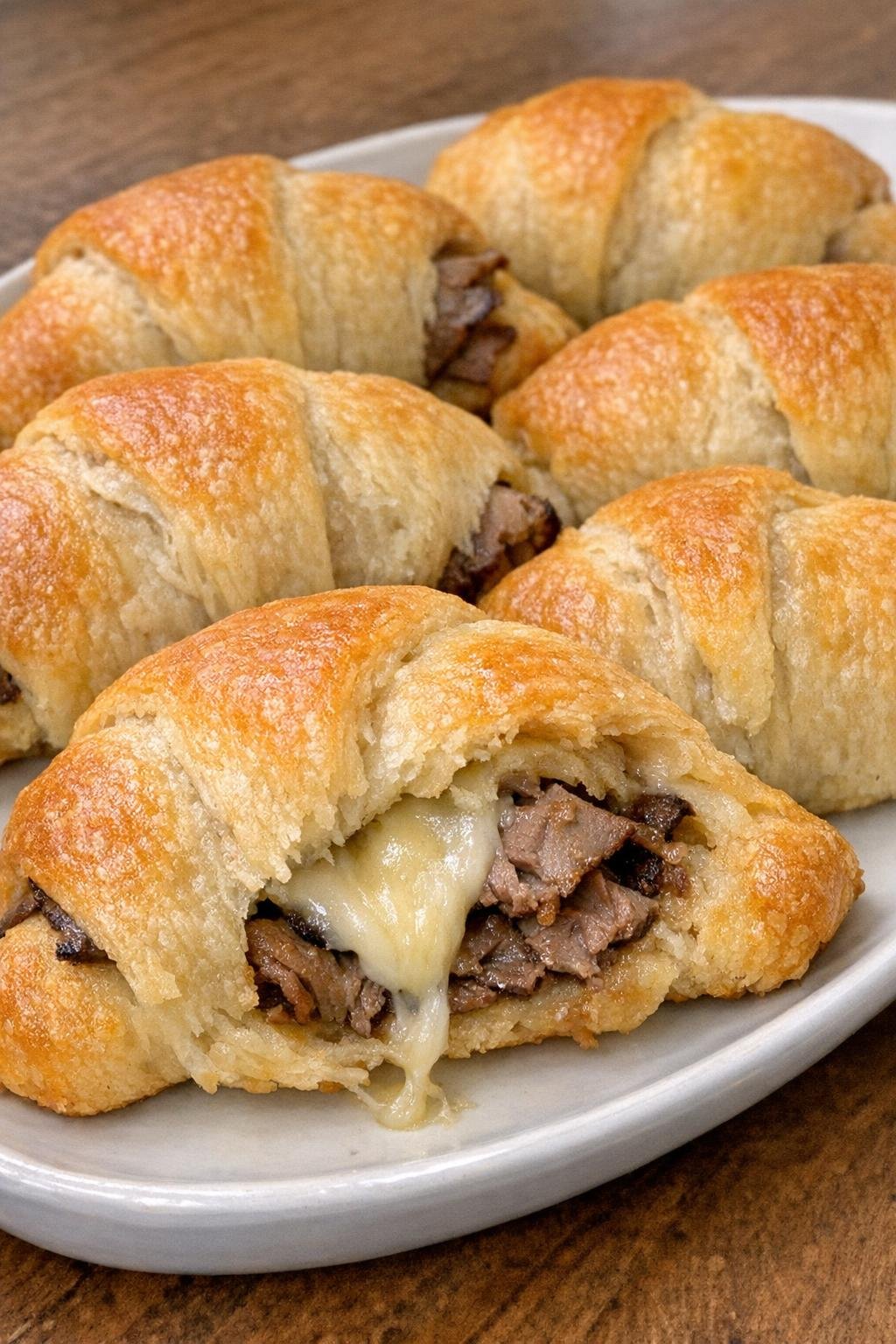 Golden flaky crescent pillows with roast beef and brie on a white platter