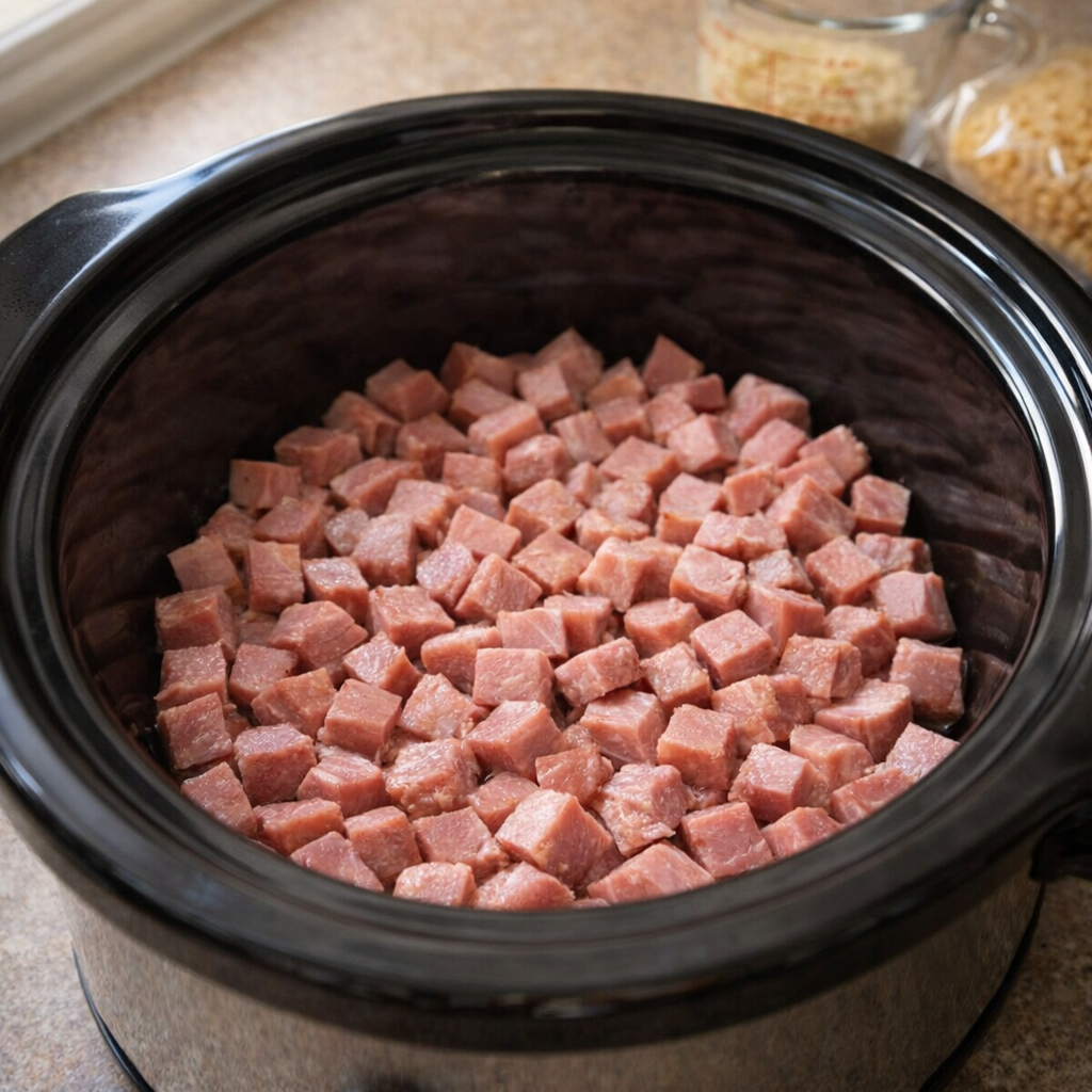 Cubed ham layered in the bottom of a slow cooker