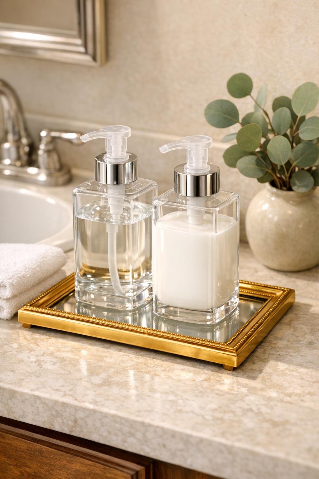 Finished gold picture frame soap pump tray styled on a bathroom counter