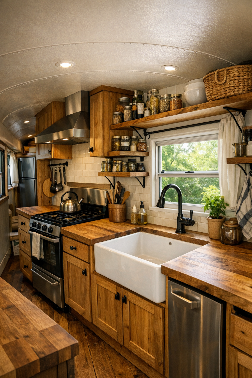 Galley kitchen in a rustic converted bus with butcher block counters and open shelving