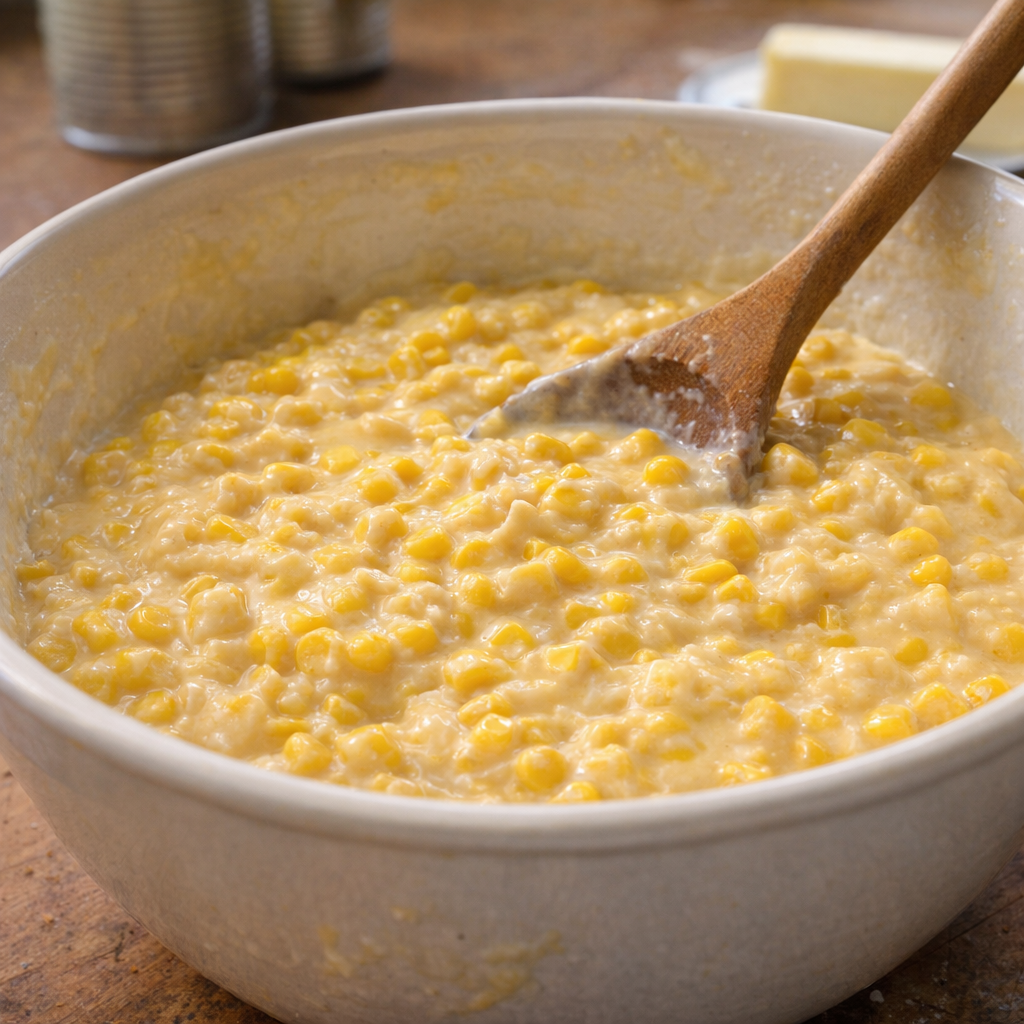 Corn and soup mixture in a mixing bowl