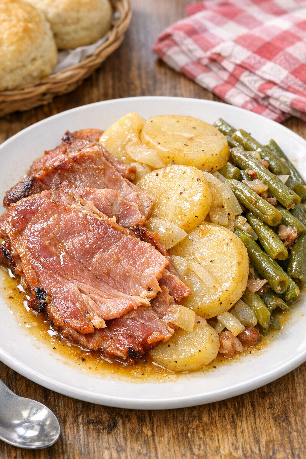 Finished plated country ham dinner