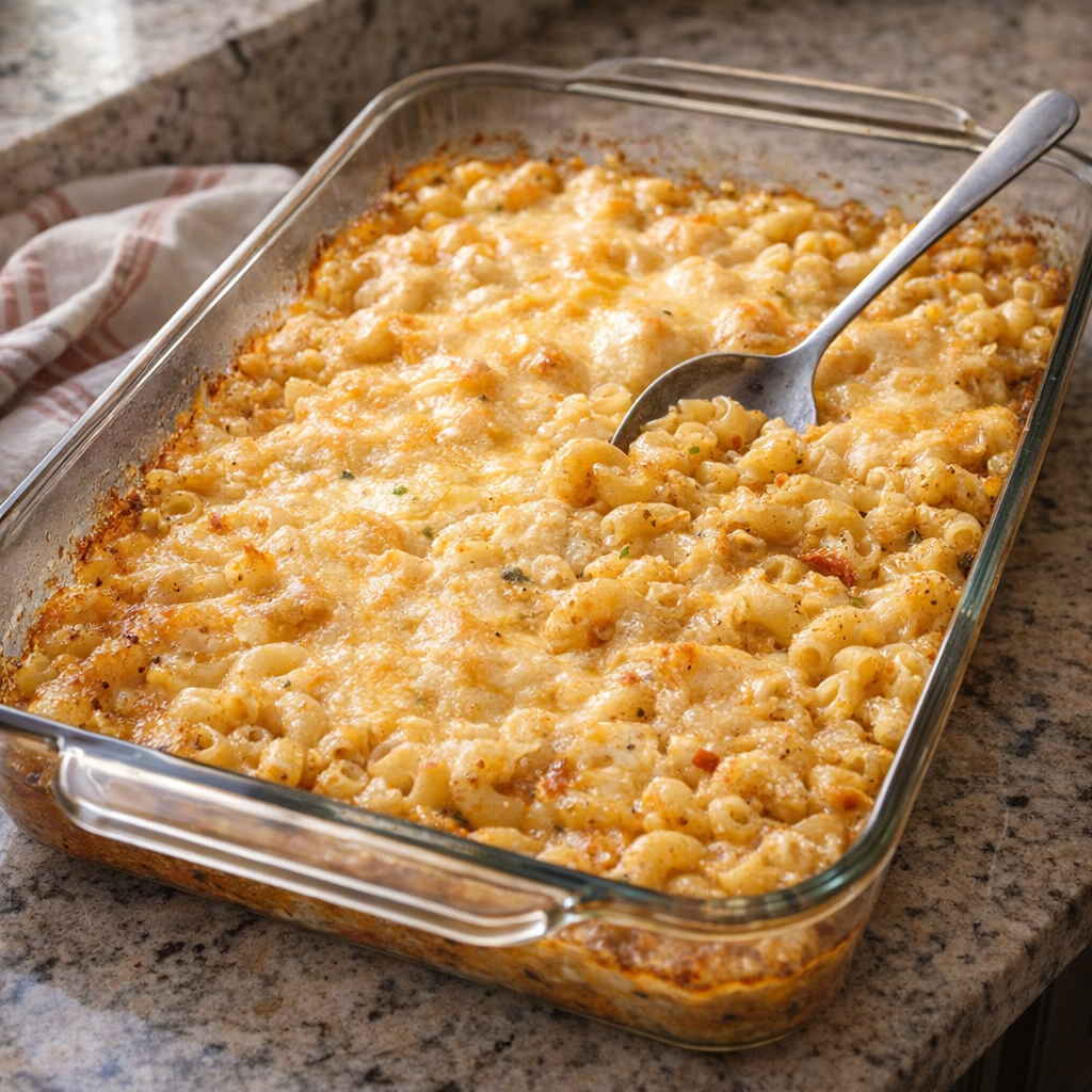Baked macaroni casserole fresh from the oven in a glass dish