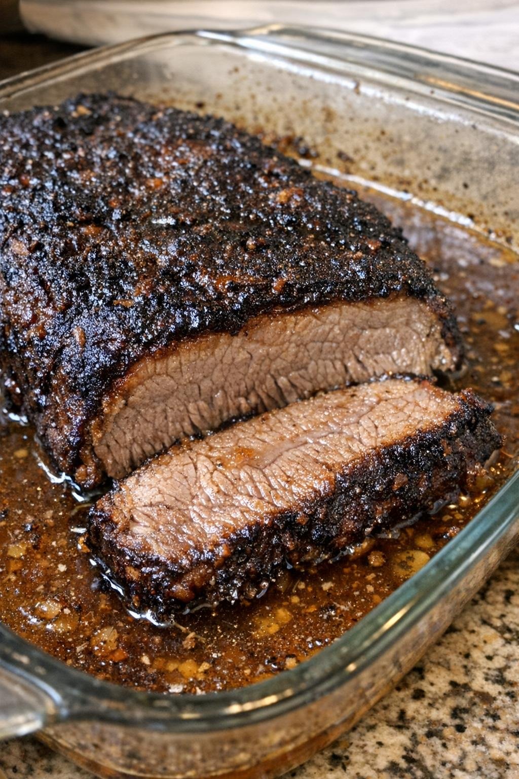 Tender beef brisket with caramelized dark crust in a glass baking dish